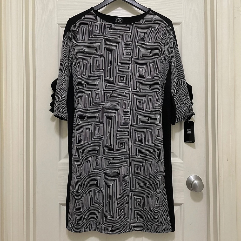 NEW Clara Sunwoo Geometric Shift Dress Black White Oversized Small Tunic Pockets
